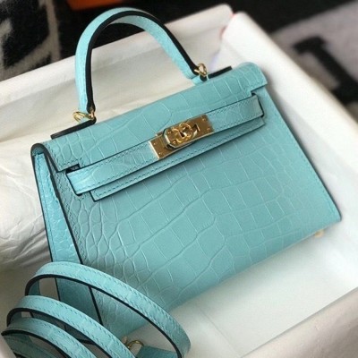 Hermes Kelly Mini II Bag In Blue Atoll Crocodile Embossed Leather TDBS26967