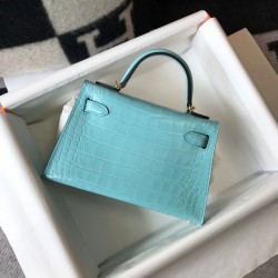 Hermes Kelly Mini II Bag In Blue Atoll Crocodile Embossed Leather TDBS26967