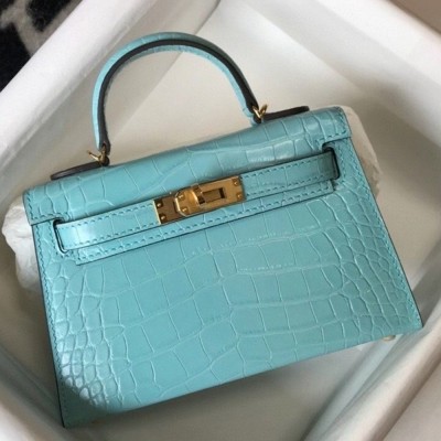 Hermes Kelly Mini II Bag In Blue Atoll Embossed Crocodile Calfskin TDBS26968