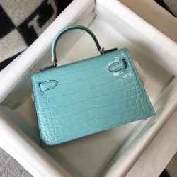 Hermes Kelly Mini II Bag In Blue Atoll Embossed Crocodile Calfskin TDBS26968