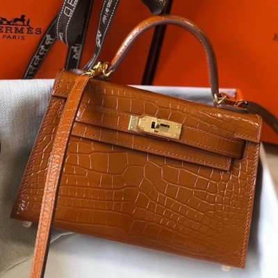 Hermes Kelly Mini II Bag In Brown Crocodile Embossed Leather TDBS26969