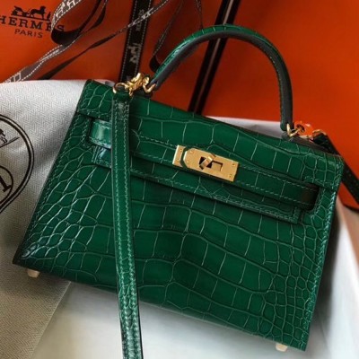 Hermes Kelly Mini II Bag In Green Crocodile Embossed Leather TDBS26971