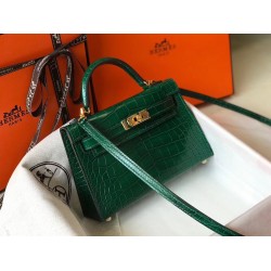 Hermes Kelly Mini II Bag In Green Crocodile Embossed Leather TDBS26971