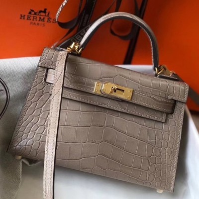 Hermes Kelly Mini II Bag In Grey Crocodile Embossed Leather TDBS26973