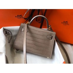 Hermes Kelly Mini II Bag In Grey Crocodile Embossed Leather TDBS26973