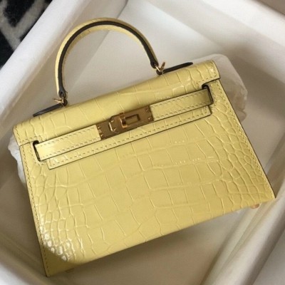 Hermes Kelly Mini II Bag In Jaune Poussin Embossed Crocodile Calfskin TDBS26976