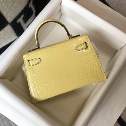 Hermes Kelly Mini II Bag In Jaune Poussin Embossed Crocodile Calfskin TDBS26976