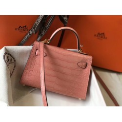 Hermes Kelly Mini II Bag In Pink Crocodile Embossed Leather TDBS26979