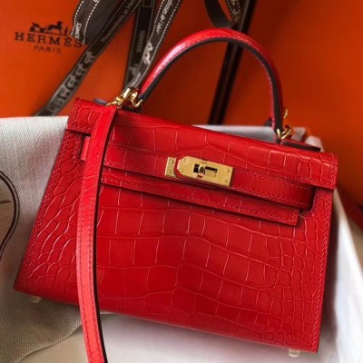 Hermes Kelly Mini II Bag In Red Crocodile Embossed Leather TDBS26980