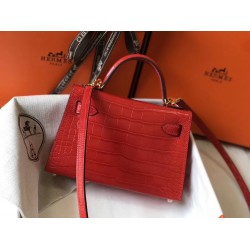 Hermes Kelly Mini II Bag In Red Crocodile Embossed Leather TDBS26980