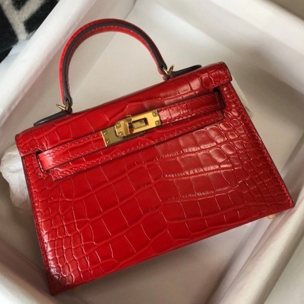 Hermes Kelly Mini II Bag In Red Embossed Crocodile Calfskin TDBS26981