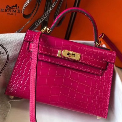 Hermes Kelly Mini II Bag In Rose Red Crocodile Embossed Leather TDBS26983