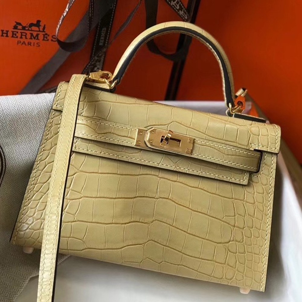 Hermes Kelly Mini II Bag In Vanille Crocodile Embossed Leather TDBS26988