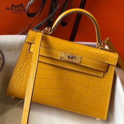 Hermes Kelly Mini II Bag In Yellow Crocodile Embossed Leather TDBS26992