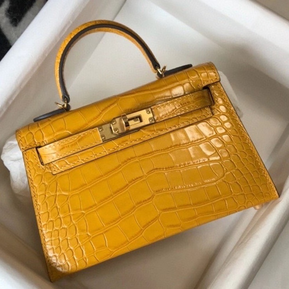 Hermes Kelly Mini II Bag In Yellow Embossed Crocodile Calfskin TDBS26993