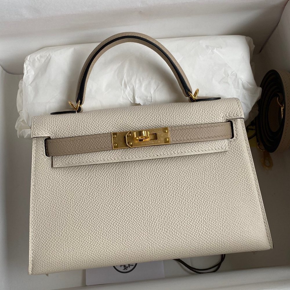 Hermes Kelly Mini II Sellier Bicolor Handmade Bag in Craie and Trench Epsom Calfskin TDBS26995