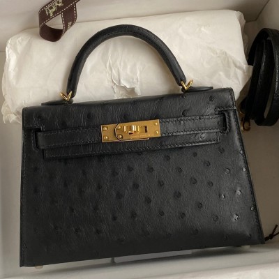 Hermes Kelly Mini II Sellier Handmade Bag In Black Ostrich Leather TDBS27001