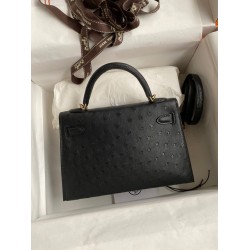 Hermes Kelly Mini II Sellier Handmade Bag In Black Ostrich Leather TDBS27001