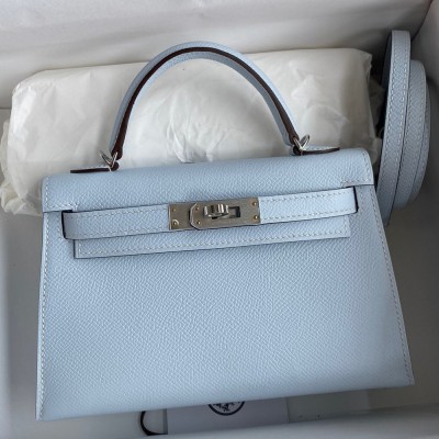 Hermes Kelly Mini II Sellier Handmade Bag In Blue Brume Epsom Calfskin TDBS27004