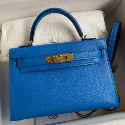 Hermes Kelly Mini II Sellier Handmade Bag In Blue Hydra Chevre Mysore Leather  TDBS27007