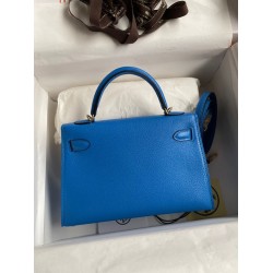 Hermes Kelly Mini II Sellier Handmade Bag In Blue Hydra Chevre Mysore Leather  TDBS27007