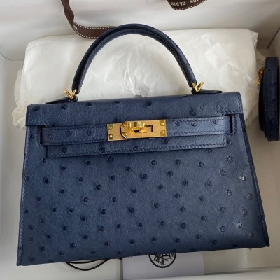 Hermes Kelly Mini II Sellier Handmade Bag In Blue Iris Ostrich Leather TDBS27008