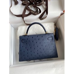 Hermes Kelly Mini II Sellier Handmade Bag In Blue Iris Ostrich Leather TDBS27008