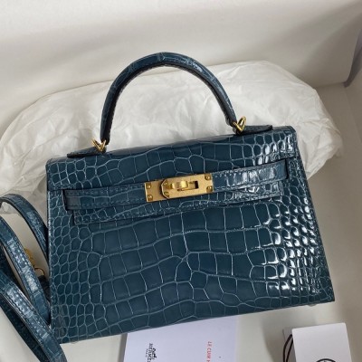 Hermes Kelly Mini II Sellier Handmade Bag In Blue Jean Shiny Alligator Leather TDBS27009