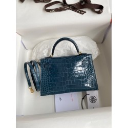 Hermes Kelly Mini II Sellier Handmade Bag In Blue Jean Shiny Alligator Leather TDBS27009