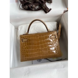 Hermes Kelly Mini II Sellier Handmade Bag In Ficelle Shiny Alligator Leather TDBS27017