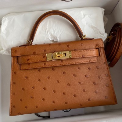 Hermes Kelly Mini II Sellier Handmade Bag In Gold Ostrich Leather TDBS27018