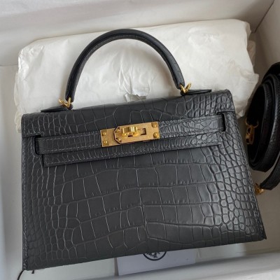 Hermes Kelly Mini II Sellier Handmade Bag In Graphite Matte Alligator Leather TDBS27019