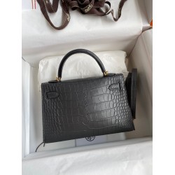 Hermes Kelly Mini II Sellier Handmade Bag In Graphite Matte Alligator Leather TDBS27019