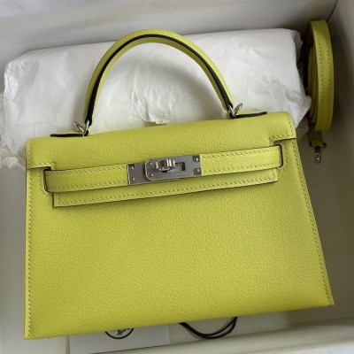 Hermes Kelly Mini II Sellier Handmade Bag In Jaune Bourgeon Chevre Mysore Leather TDBS27024