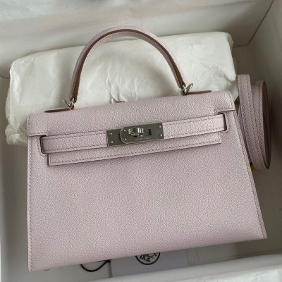 Hermes Kelly Mini II Sellier Handmade Bag In Mauve Pale Chevre Mysore Leather TDBS27030