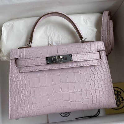 Hermes Kelly Mini II Sellier Handmade Bag In Mauve Pale Matte Alligator Leathe TDBS27031