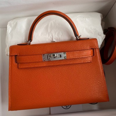 Hermes Kelly Mini II Sellier Handmade Bag In Orange Chevre Mysore Leather TDBS27036