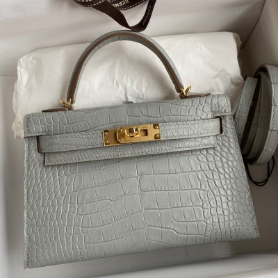 Hermes Kelly Mini II Sellier Handmade Bag In Pearl Grey Matte Alligator Leather TDBS27037