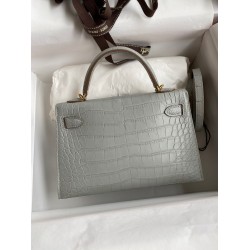 Hermes Kelly Mini II Sellier Handmade Bag In Pearl Grey Matte Alligator Leather TDBS27037