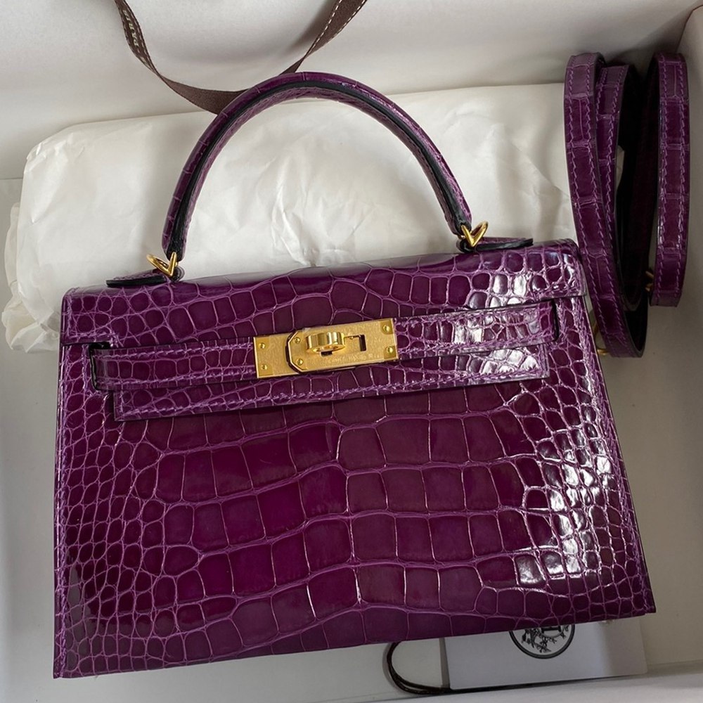 Hermes Kelly Mini II Sellier Handmade Bag In Purple Shiny Alligator Leather TDBS27039