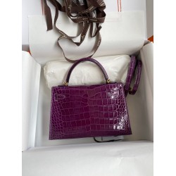 Hermes Kelly Mini II Sellier Handmade Bag In Purple Shiny Alligator Leather TDBS27039