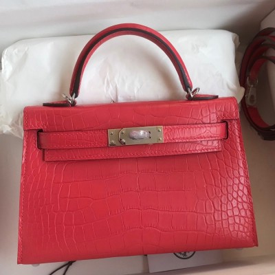 Hermes Kelly Mini II Sellier Handmade Bag In Rose Extreme Matte Alligator Leather TDBS27042