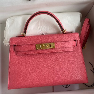 Hermes Kelly Mini II Sellier Handmade Bag In Rose Lipstick Chevre Mysore Leather TDBS27043