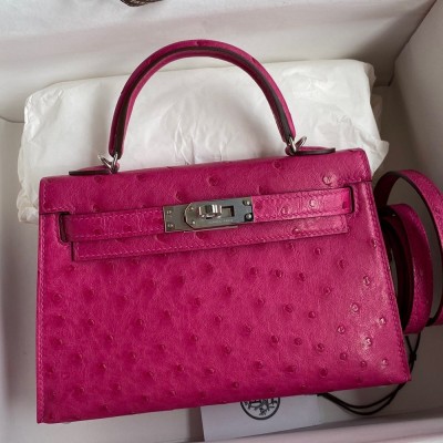 Hermes Kelly Mini II Sellier Handmade Bag In Rose Red Ostrich Leather TDBS27047