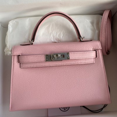 Hermes Kelly Mini II Sellier Handmade Bag In Rose Sakura Chevre Mysore Leather TDBS27048