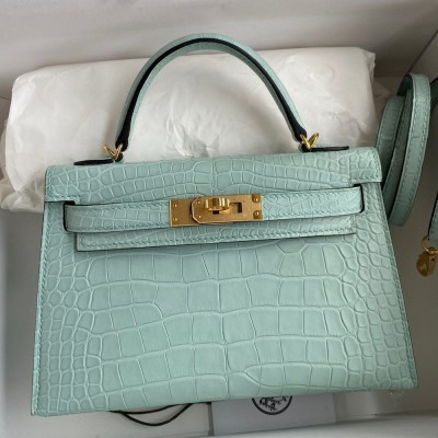 Hermes Kelly Mini II Sellier Handmade Bag In Vert D'eau Matte Alligator Leather TDBS27055