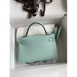 Hermes Kelly Mini II Sellier Handmade Bag In Vert D'eau Matte Alligator Leather TDBS27055