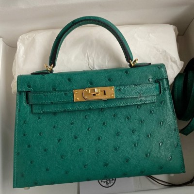 Hermes Kelly Mini II Sellier Handmade Bag In Vert Vertigo Ostrich Leather TDBS27058