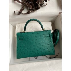 Hermes Kelly Mini II Sellier Handmade Bag In Vert Vertigo Ostrich Leather TDBS27058