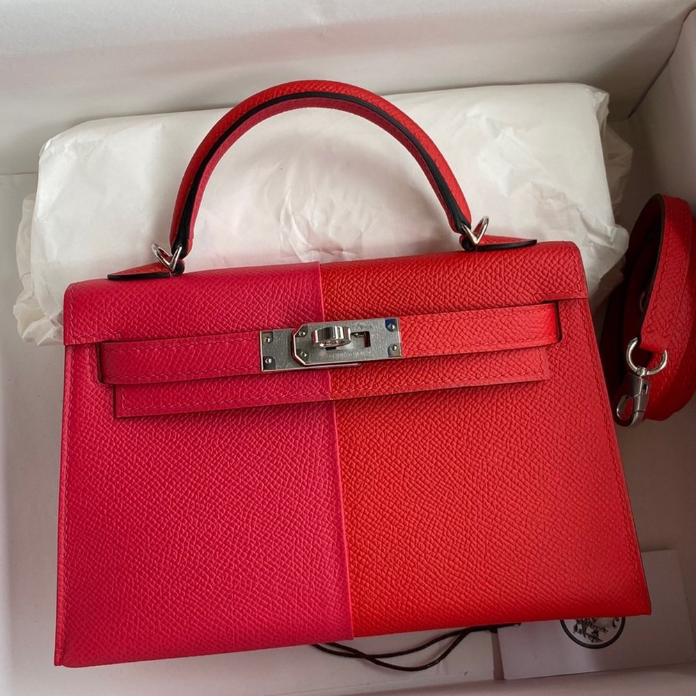 Hermes Kelly Mini II Sellier Tri-color Bag In Red/Rose Extreme/Blue Epsom Calfskin TDBS27060